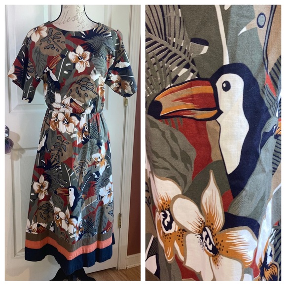 Vintage 70s Toucan Tropical Cotton Short Sleeve Midi Dress by Sprouts Sz 7 - Picture 1 of 10
